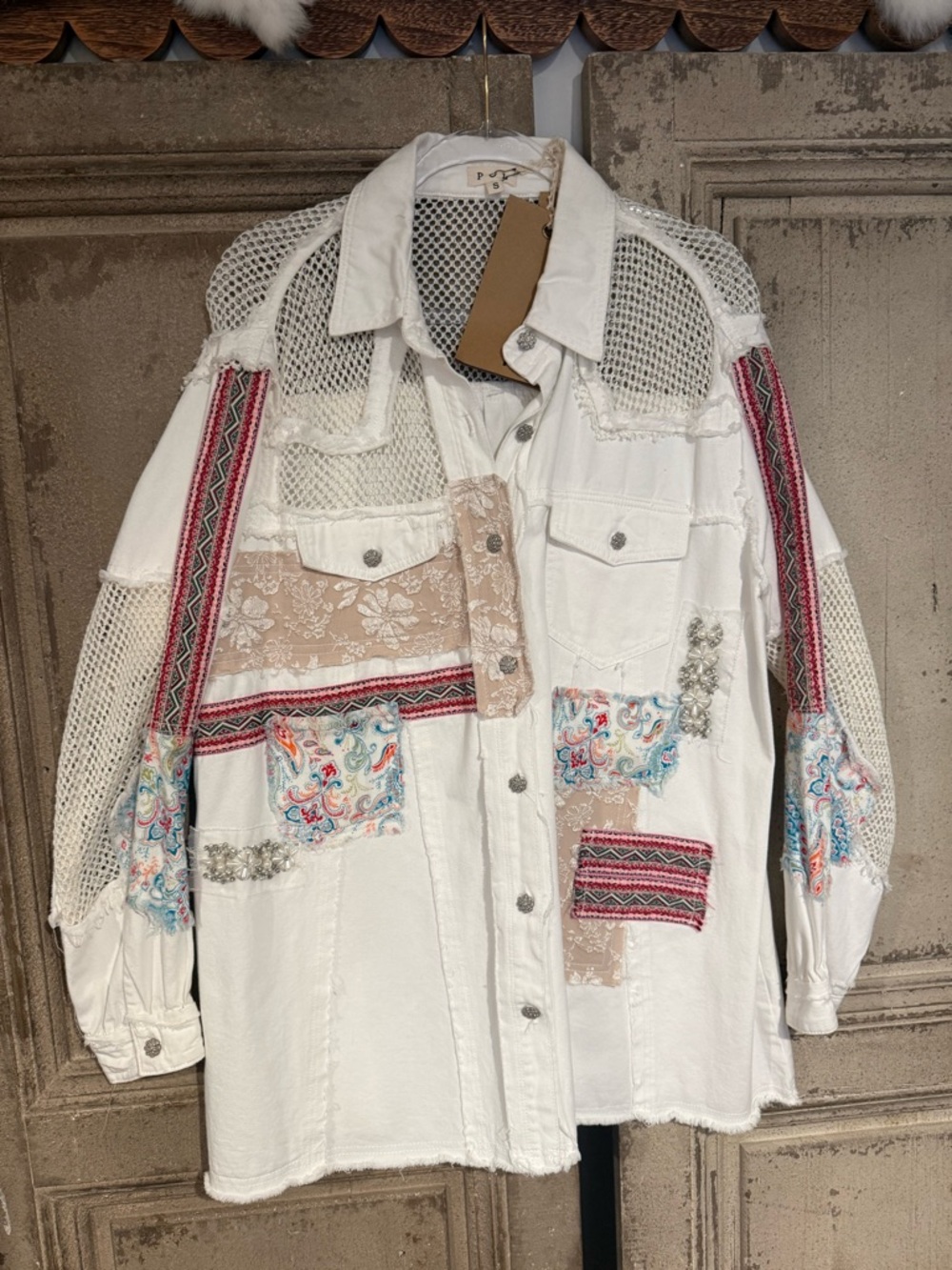 POL White Patchwork Jean Jacket with Multicolor Accents